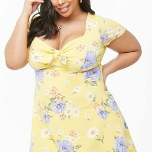 Plus Floral Tie-front Yellow Skater Dress